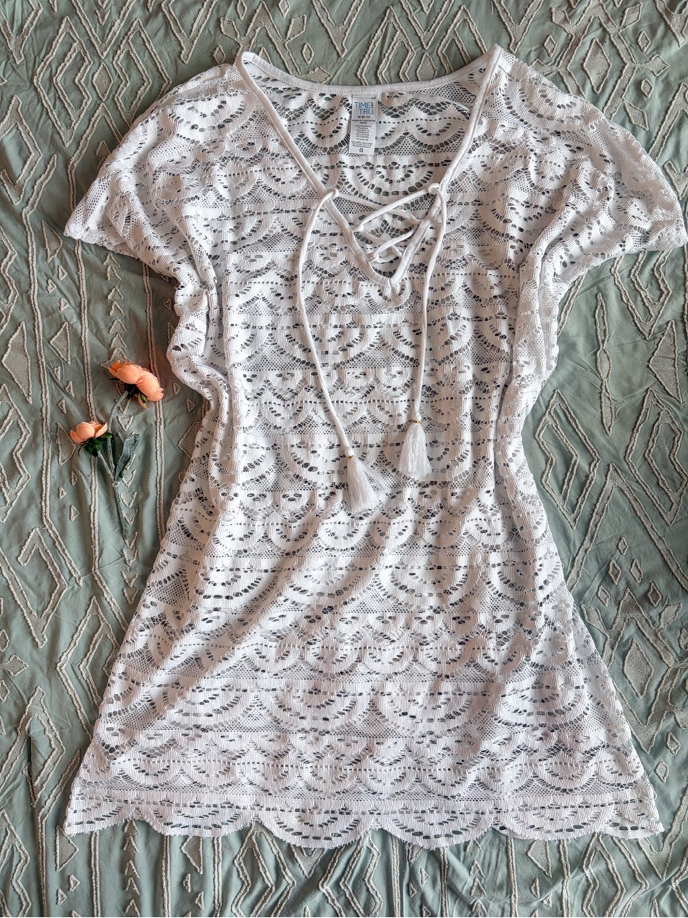 Time and Tru White Lace Crochet Swim Cover Up Tunic Tassel Tie M 8-10